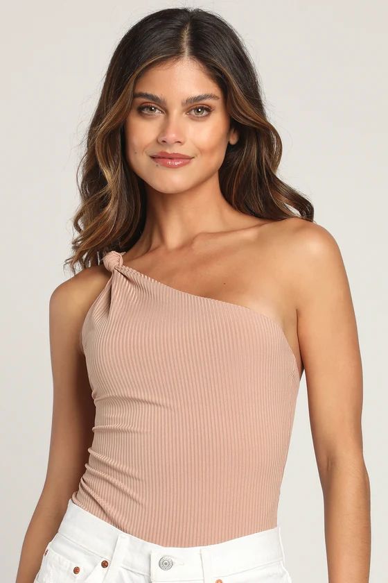 Current Crush Beige Ribbed Knotted One-Shoulder Bodysuit | Lulus (US)