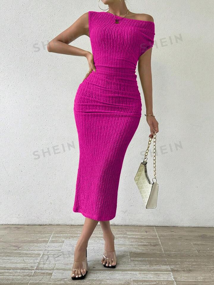 SHEIN Privé Women's Solid Color Asymmetric-Neckline Pleated Summer Dress | SHEIN