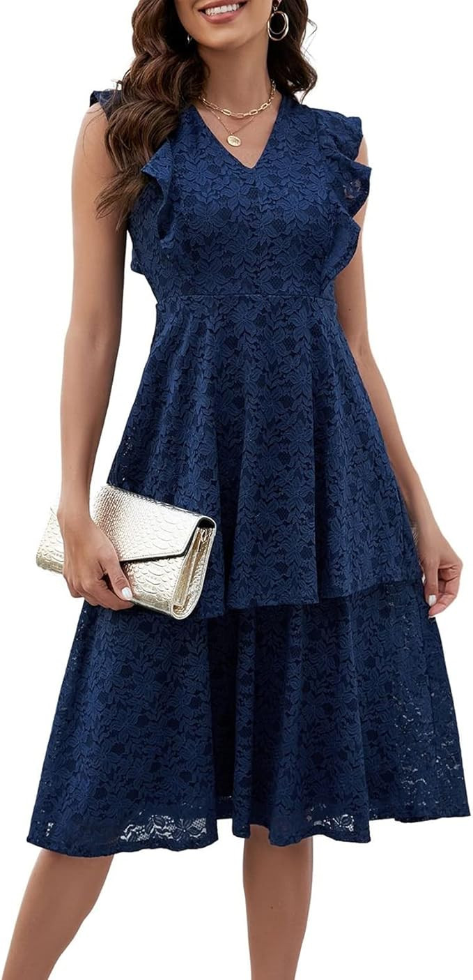 JASAMBAC Women's 2023 Summer Ruffle Tiered Layered Dresses A Line Lace Midi Dress | Amazon (US)