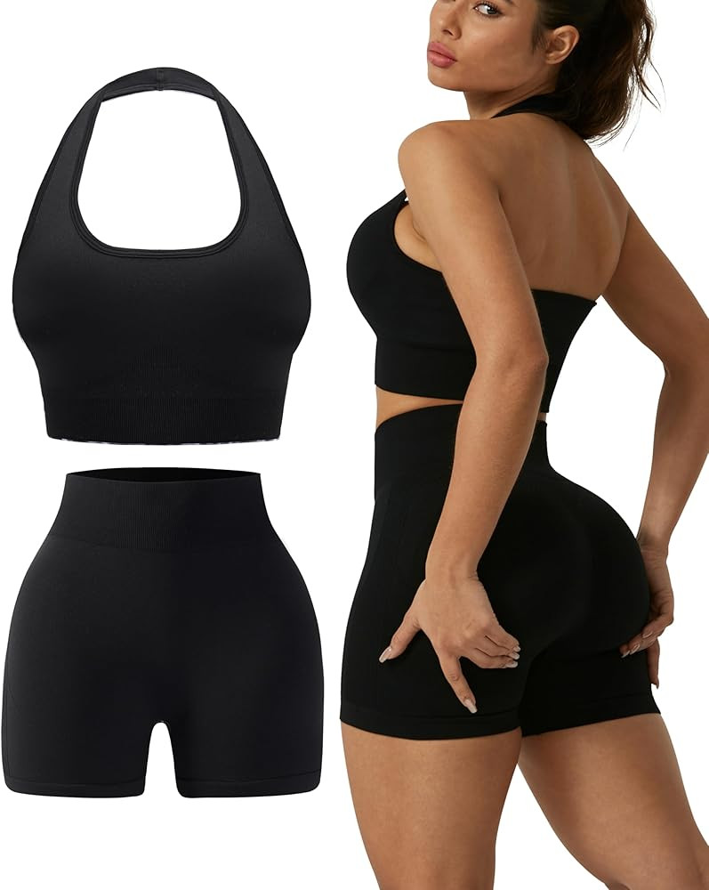 OLCHEE Workout Sets for Women 2 Piece Backless Halter Sports Bra High Waist Booty Shorts Yoga Gym... | Amazon (US)
