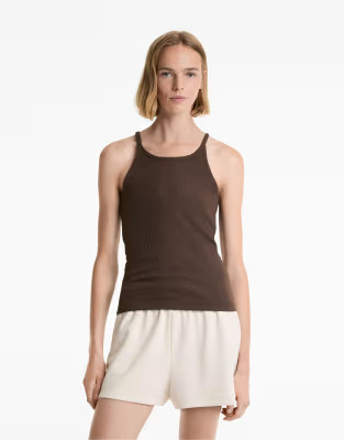 OYSHO Rib thin strap top with cotton and modal in light brown | ASOS (Global)