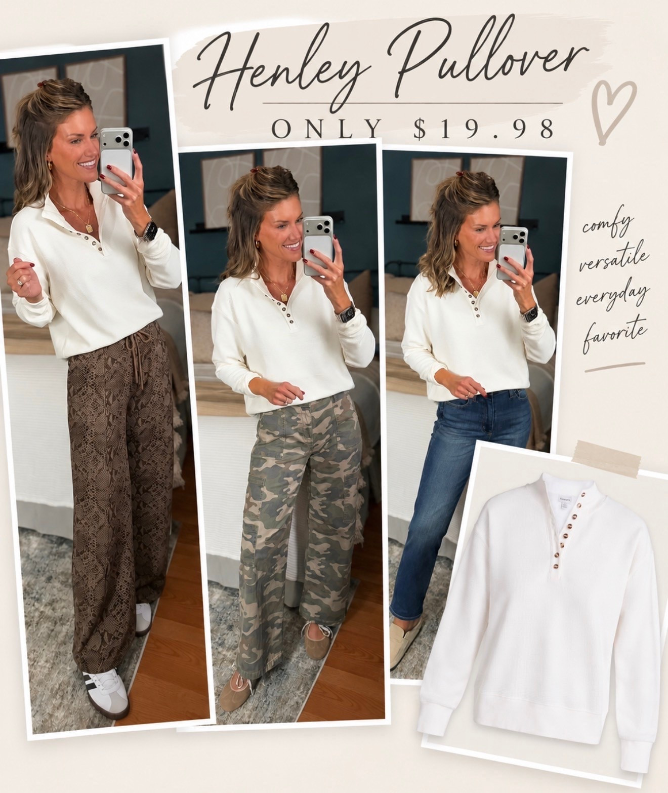 New Henley pullover at Walmart. 
Wearing small
Animal print pants/ small 
Camo/ medium full length 
Jeans/ 8

#LTKOver40 #LTKSeasonal