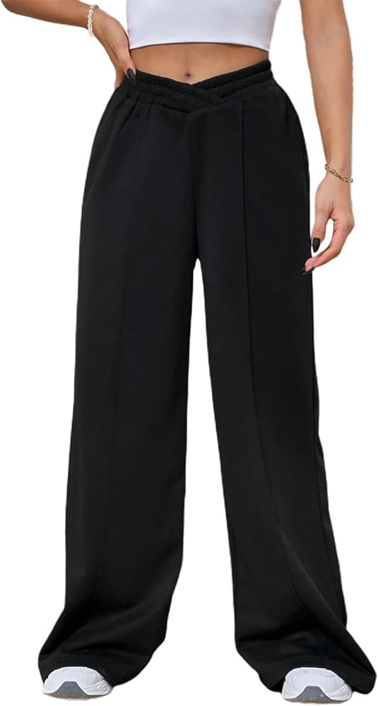 SOFIA'S CHOICE Women's Wide Leg Sweatpants V Crossover Elastic High Waisted Loose Long Pants | Amazon (US)