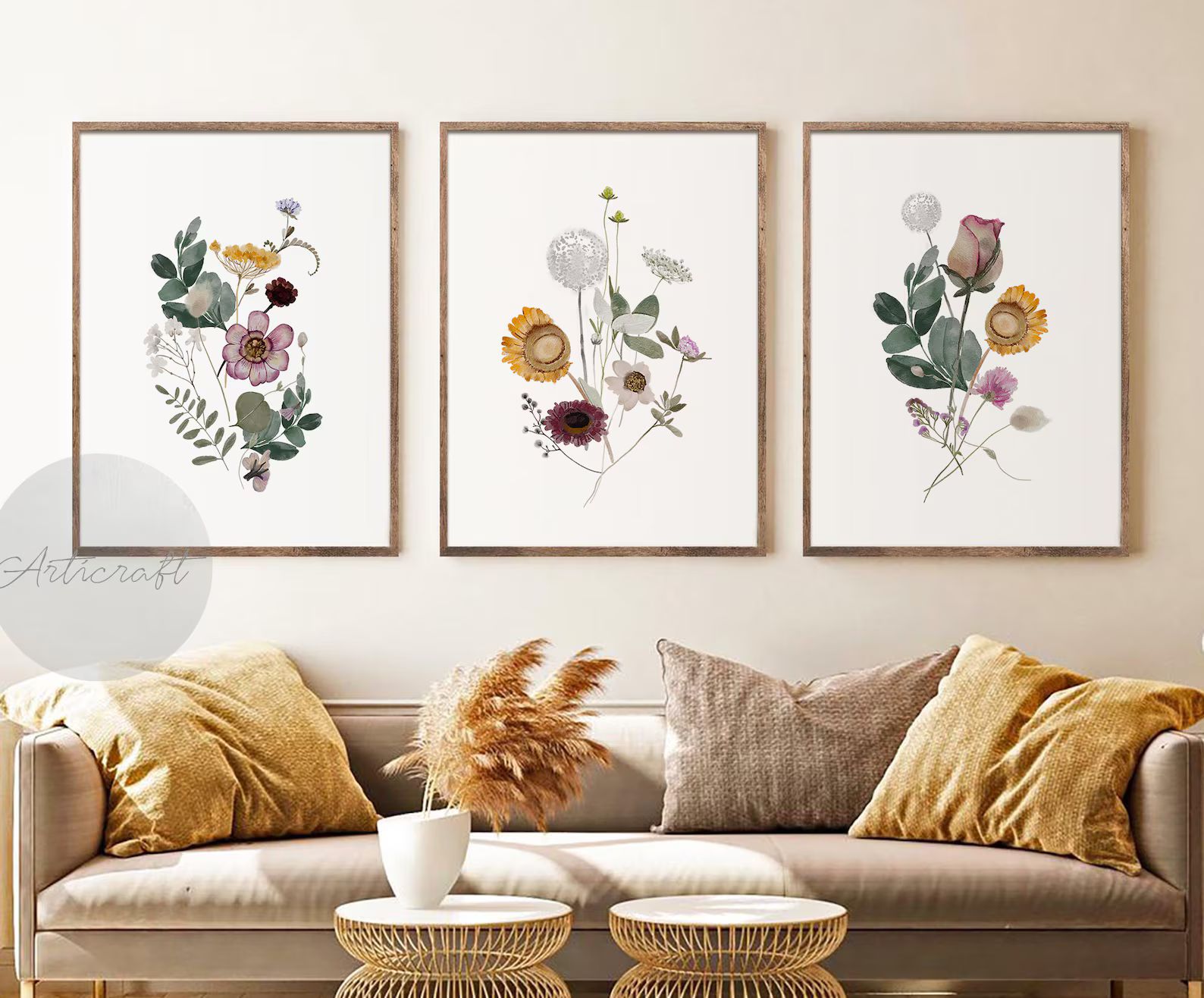 Watercolor Botanical Print Set of 3, Gallery Wall art, Floral Printable Art, Wild Flowers, Boho F... | Etsy (US)