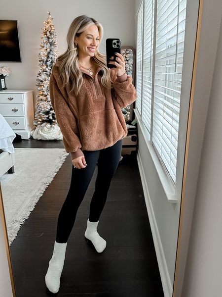 Wearing an xs in target pullover and xs in aerie leggings. Both run tts. //

Cozy outfit. Comfy outfit. Sherpa pullover. Target style. Mom outfit. Mom style. Ootd  

#LTKSeasonal #LTKunder50 #LTKsalealert