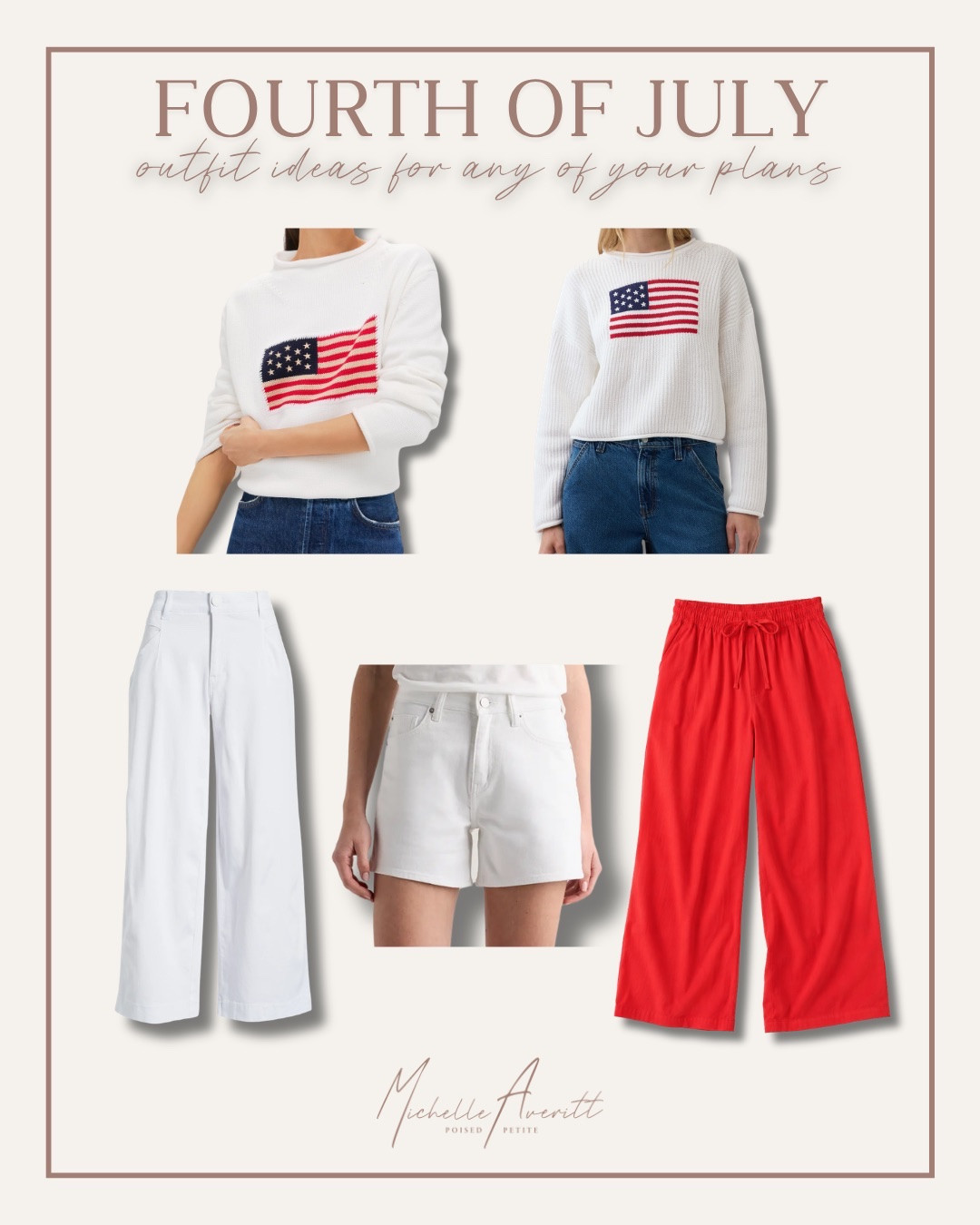 Planning a Fourth of July outfit doesn't have to be complicated. 

A classic flag sweater instantly brings the festive feel, while white denim shorts are the kind of staple you can wear all summer long. For something a little bolder, red pants make a statement without trying too hard, and white pants always create a clean, elevated look. Whether you're heading to a barbecue, watching fireworks, or spending the day with family, these pieces make getting dressed easy!

4th of July outfit, summer style, fashion over 40

#LTKSeasonal #LTKPetite #LTKootd
