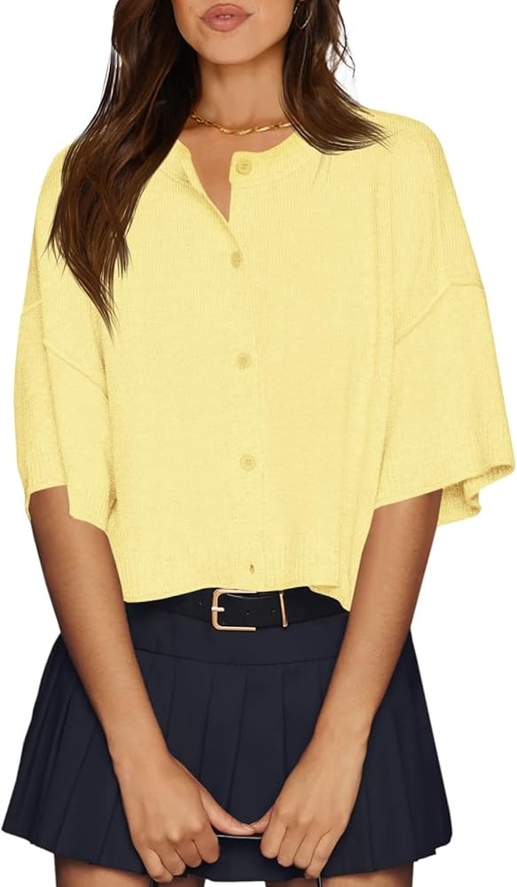 Cicy Bell Womens Half Sleeve Cardigan Sweaters Cropped Button Down Tops Oversized Lightweight Rib... | Amazon (US)