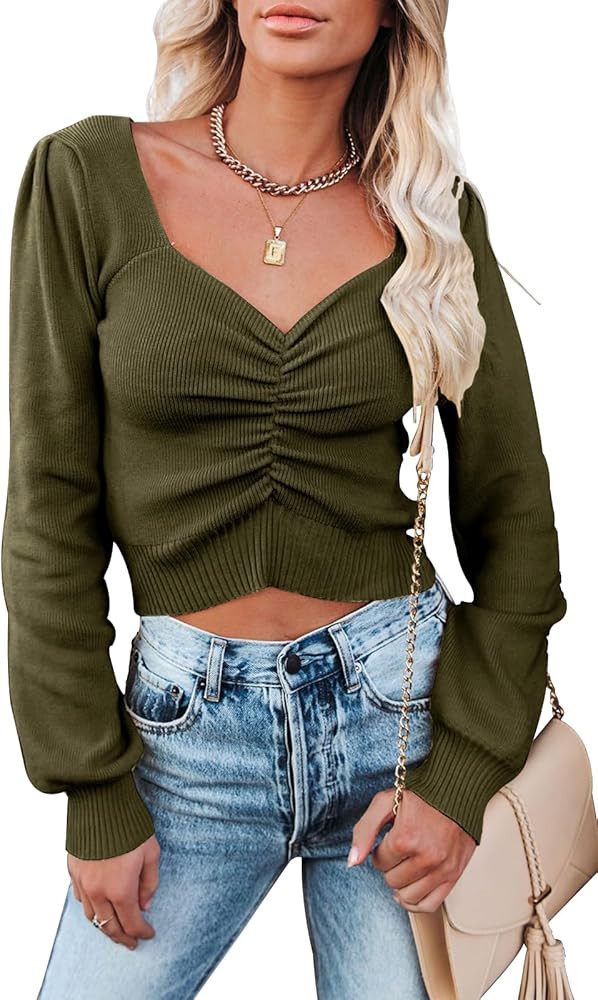 PRETTYGARDEN Fall Long Sleeve Cropped Sweaters for Women 2023 Off The Shoulder V Neck Ruched Ribb... | Amazon (US)