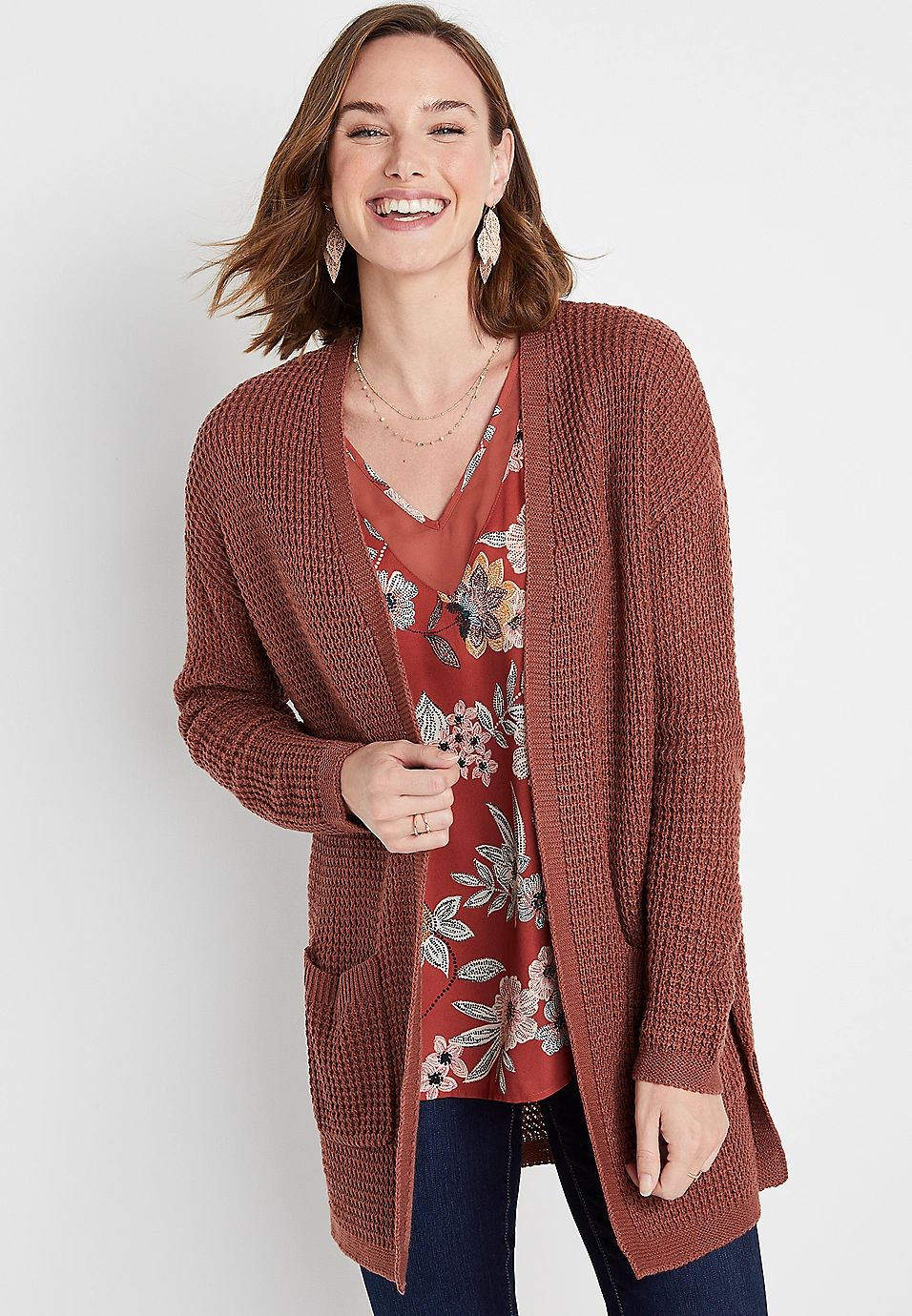 Brown Waffle Knit Cardigan | Maurices