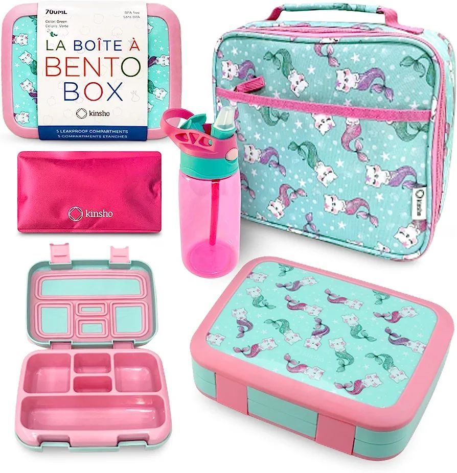 Bento Lunch Box with Insulated Bag, Water Bottle & Ice Pack Set for Kids, Toddlers, Girls. 5 Port... | Amazon (US)