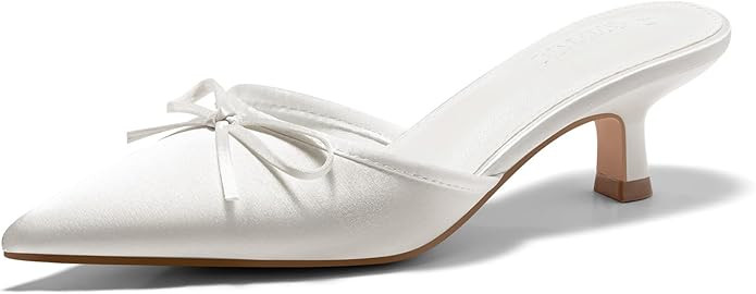 Coutgo Womens Kitten Heels Mules with Bow Satin Slip on Pumps Closed Pointed Toe Dress Wedding Pa... | Amazon (US)