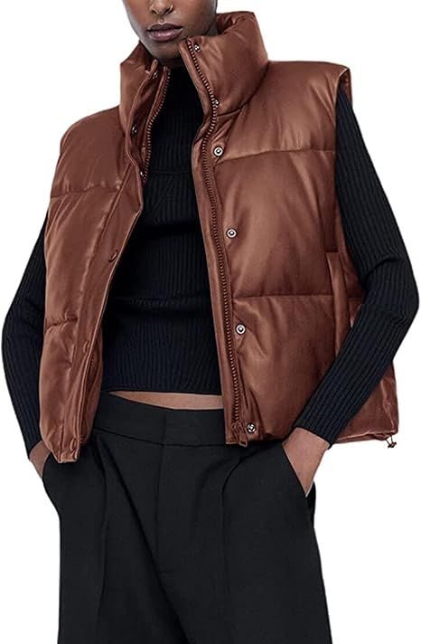 Yidarer Women's Faux Leather Puffer Vest Stand Collar Padded Vest Sleeveless Quilted Lightweight ... | Amazon (US)
