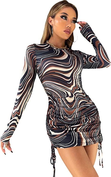 WDIRARA Women's Printed Drawstring Side Round Neck Marble Long Sleeve Bodycon Mini Dress | Amazon (US)