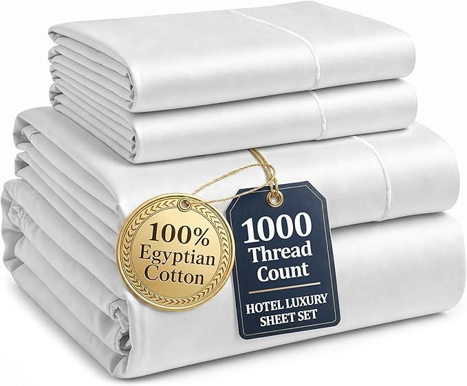 100% Egyptian Cotton Sheets King Size - 1000 Thread Count Silky Sateen King Size Sheets Set, Natu... | Amazon (US)