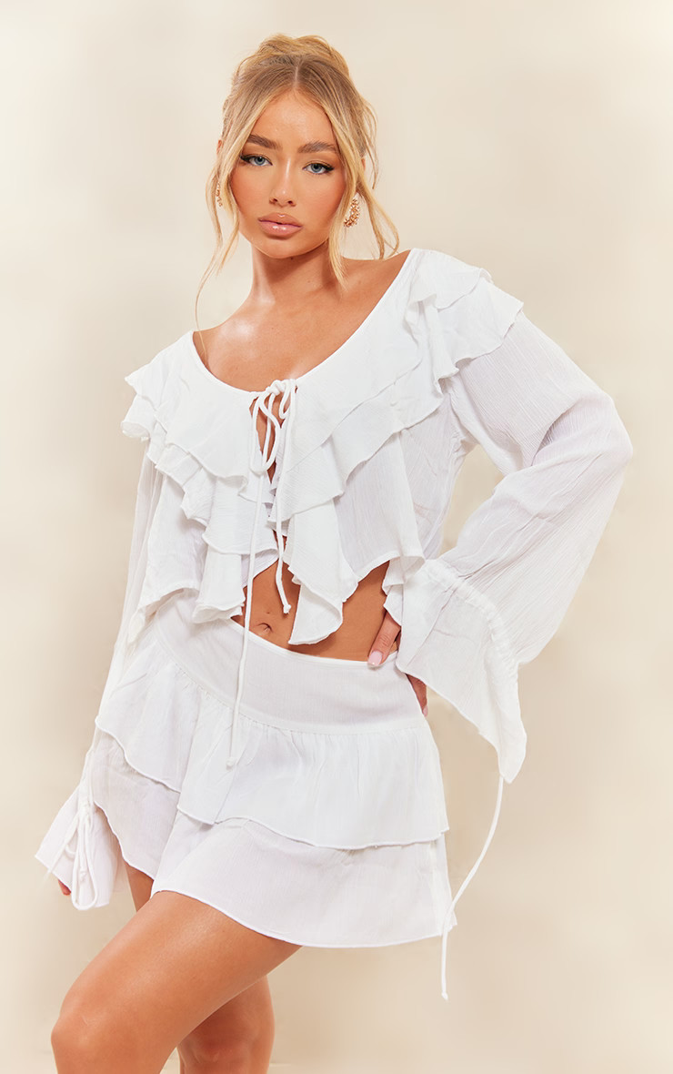 White Cheesecloth Ruffle Trim Floaty Blouse | PrettyLittleThing UK