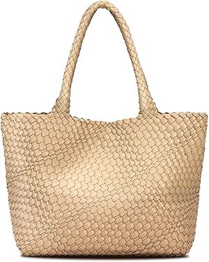 Woven Bag for Women, Fashion Top Handle Shoulder Bag Soft Vegan Leather Shopper Bag | Amazon (US)