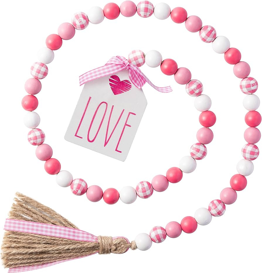 2ooya Valentine's Day Wood Beads Garland Tassel 41.2 Inch Farmhouse Pink Plaid Wood Bead with Jut... | Amazon (US)