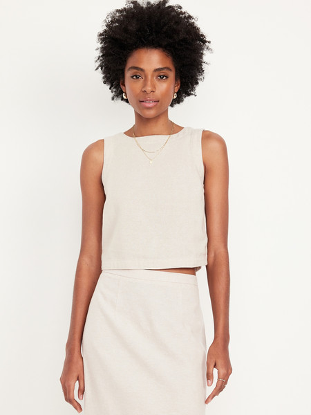 Hi-Neck Button-Back Linen-Blend Top | Old Navy (US)