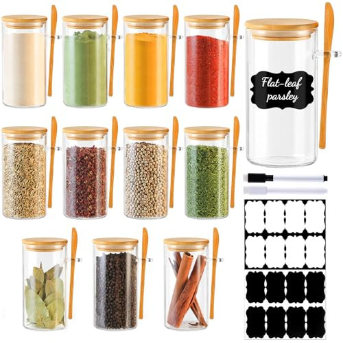 TBWIND 12 Pack 10 oz Round Glass Spice Jars with Lids and Spoons – Airtight Small Spice Containers Set with Labels, Clear Glass Storage Jars for Seasoning, Spices, Kitchen Pantry Organization | Amazon (US)