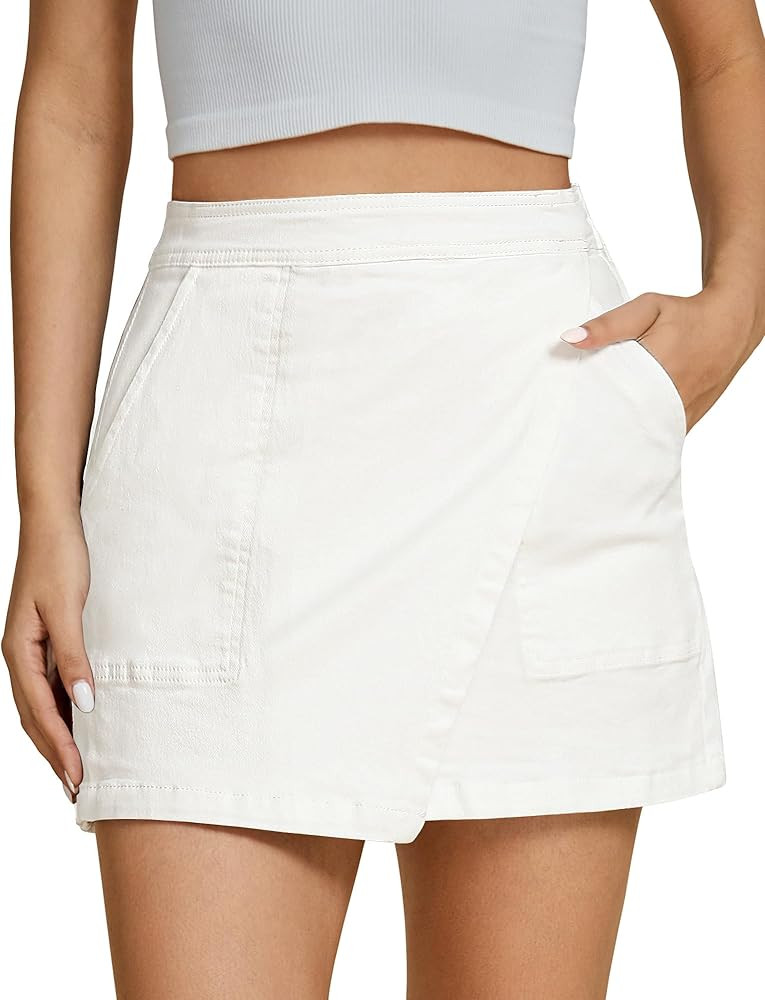 luvamia Jean Skirts for Women Denim Mini Trendy High Waisted Stretchy Asymmetrical Faux Wrap Shor... | Amazon (US)