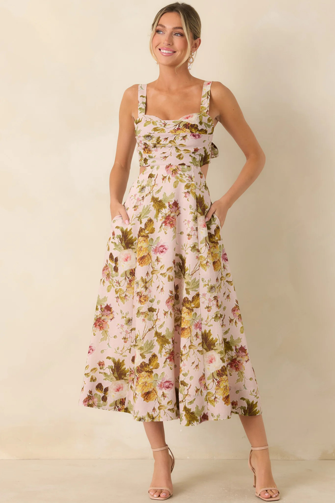 ASTR The Label Ciana Pink & Green Floral Linen Midi Dress | Red Dress