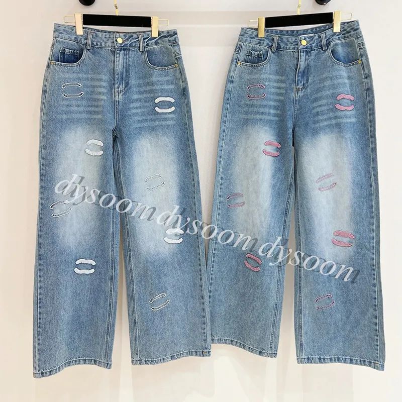 Women Jeans Embroidered Pink or White Pattern Denim Pants Blue With Dust Bag 25942 | DHGate