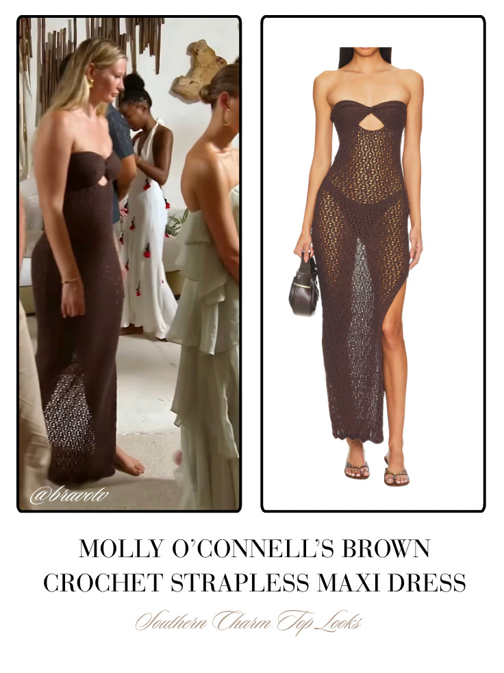 Molly O'Connell's Brown Crochet Strapless Maxi Dress 📸= @bravotv 

 
