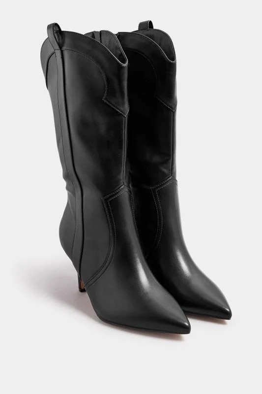 Black Faux Leather Heeled Cowboy Boots In Extra Wide EEE Fit | Yours Clothing UK