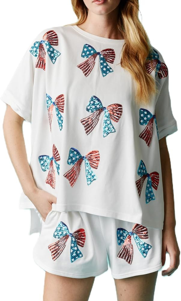 Argeousgor Women 4th of July Outfit Sequin American Flag T-Shirt Oversized Side Split Top Shorts ... | Amazon (US)