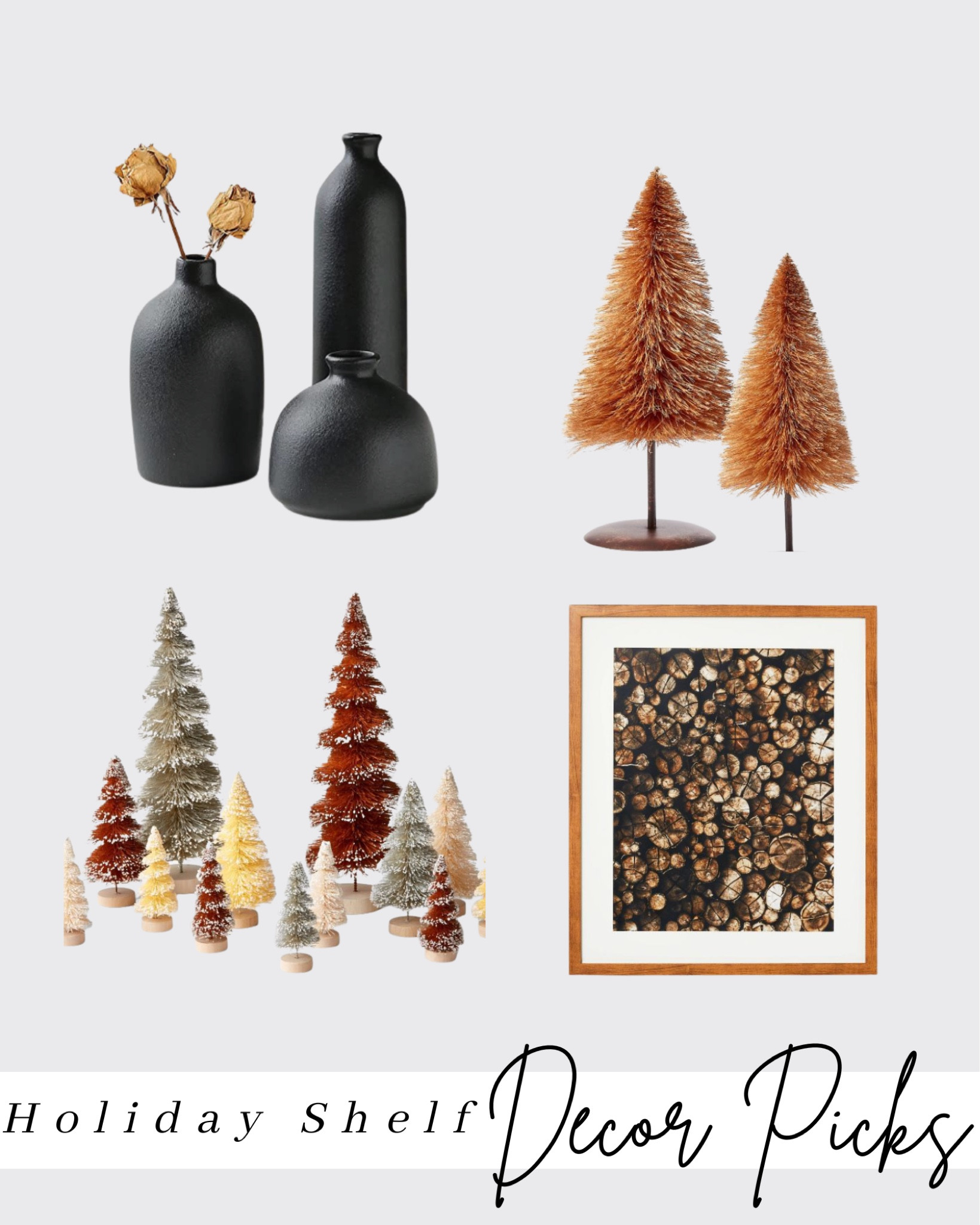 Holiday decor picks, vases, bottle brush trees, pictures, holiday, Christmas 

#LTKSeasonal #LTKhome #LTKHoliday