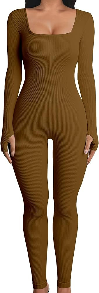 Women Workout Seamless Jumpsuit Yoga Ribbed One Piece Long Sleeve Leggings Romper | Amazon (US)