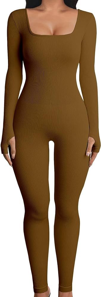 YIOIOIO Women Workout Seamless Jumpsuit Yoga Ribbed One Piece Long Sleeve Leggings Romper | Amazon (US)