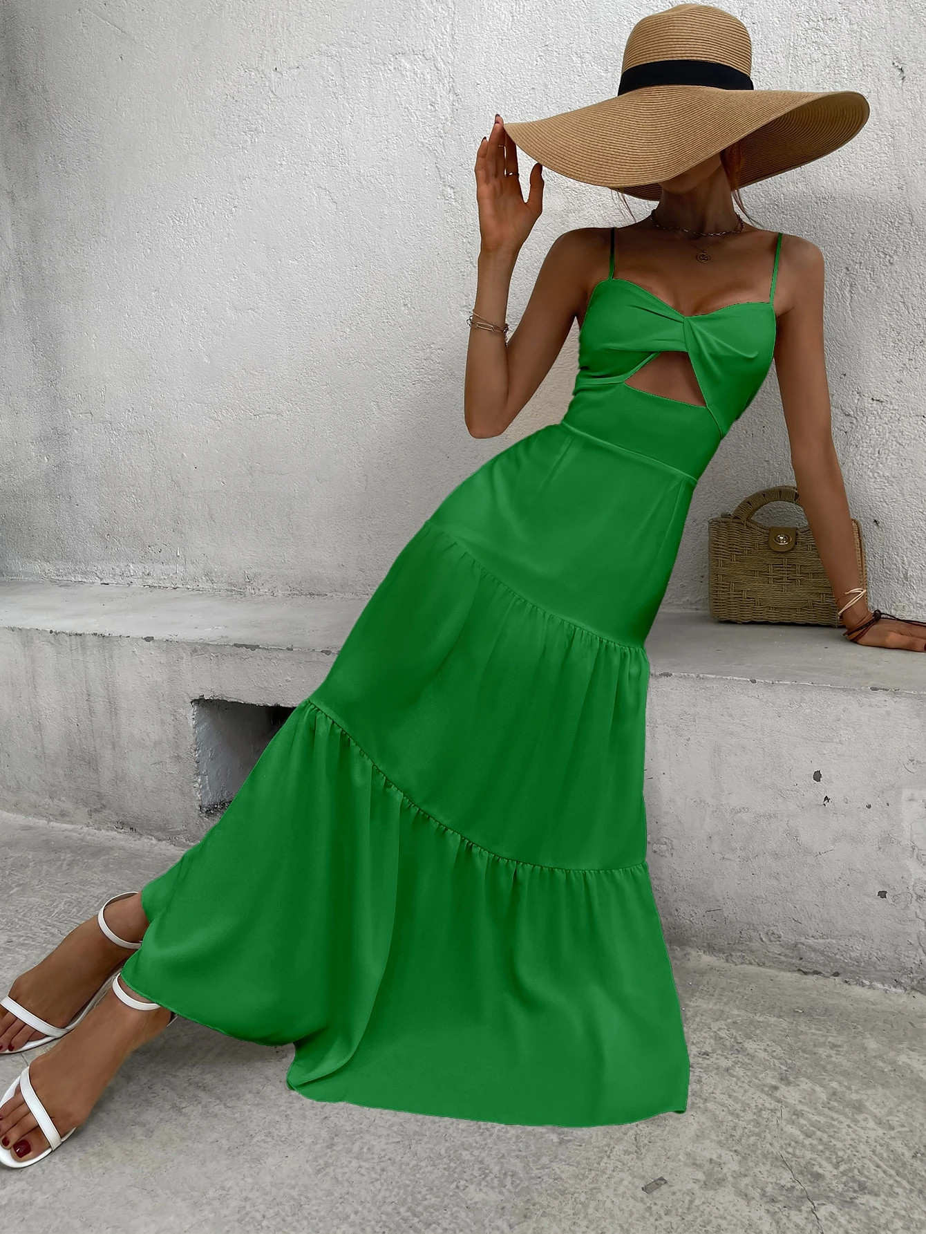 SHEIN VCAY Twist Front Cut Out Ruffle Hem Maxi Cami Dress | SHEIN