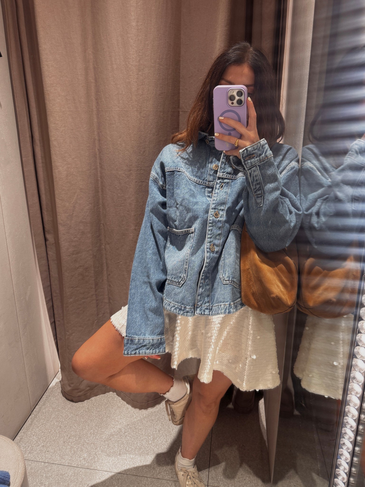 Denim jacket 
Sequin skirt
Golden goose
Frill ankle socks
Autumn outfit ideas