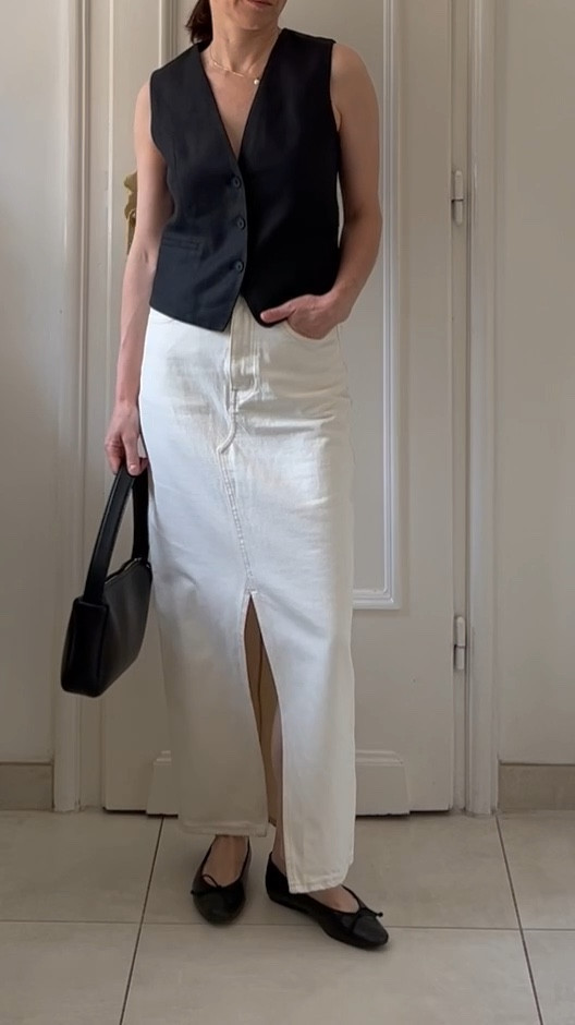 Spring outfit, summer outfit, denim skirt, long skirt, maxi skirt, white denim skirt, denim skirt outfit, waistcoat, black waistcoat, waistcoat outfit, casual chic outfit, neutral outfit, monochrome outfit, minimal outfitt, pearl necklace, handbag 

#LTKspring 

#LTKsummer #LTKstyletip