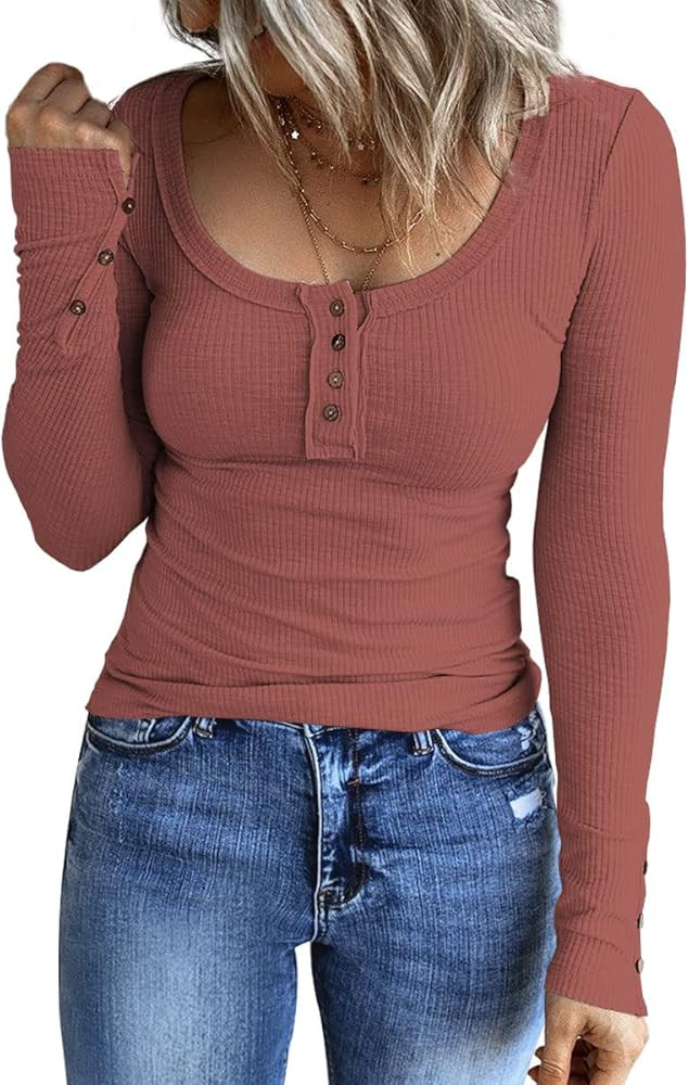 Women's Long Sleeve Shirts Casual Fall Henley Top Button Down Blouses Basic Ribbed Knit T Shirts | Amazon (US)