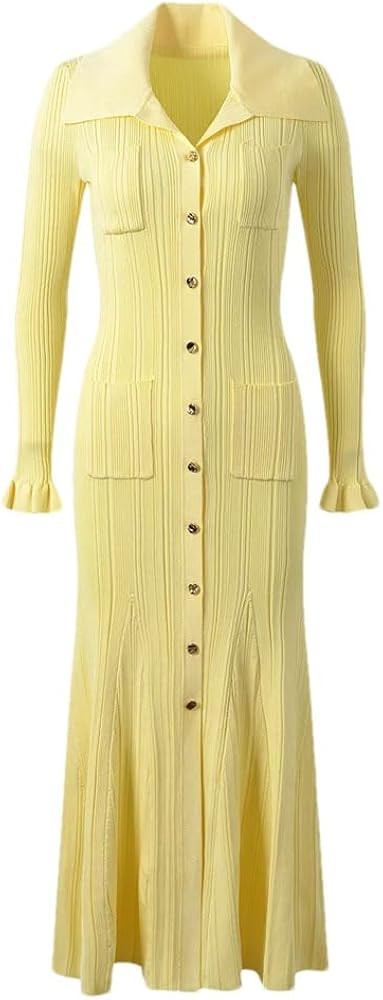 Damen Slim Fit Revers Einreiher Langarm Strick Langer Rock mit Tasche Kleid | Amazon (DE)