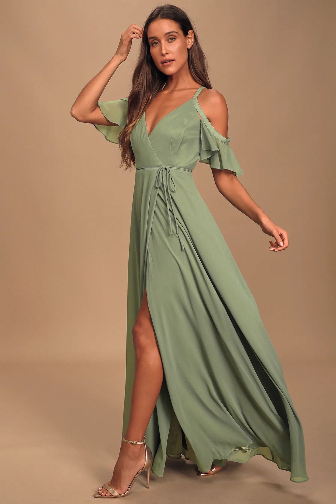 Easy Listening Sage Green Cold-Shoulder Wrap Maxi Dress | Lulus (US)