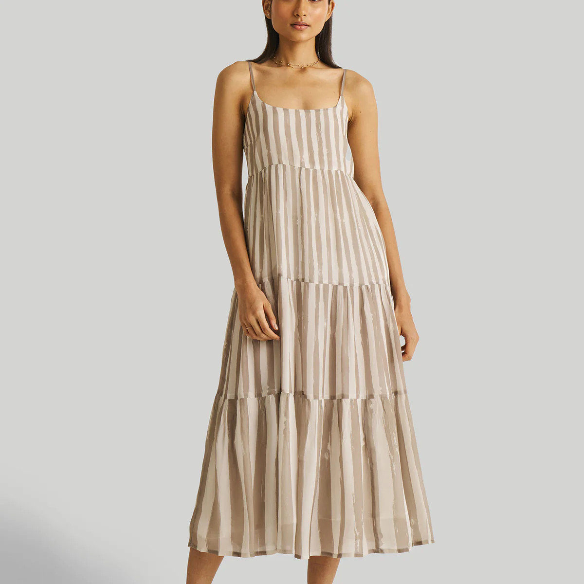 Strappy Tiered Maxi Dress in Beige Stripes | Reistor