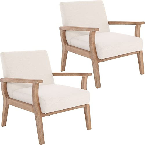 BESTANO Mid Century Modern Accent Chair Set of 2, Linen Upholstered Living Room Accent Armchair with Wood Frame, Farmhouse Chair for Living Room Bedroom, Ivory | Amazon (US)