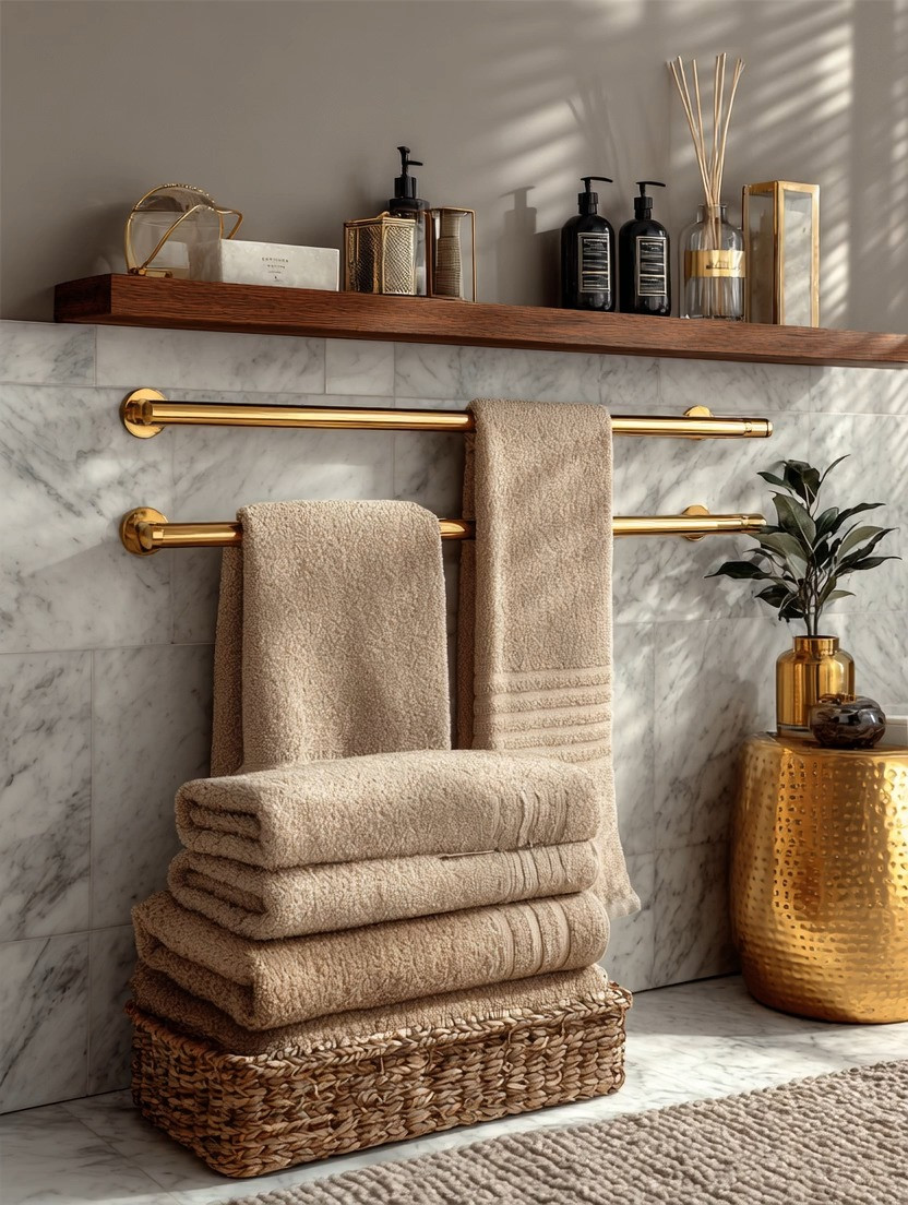 Bathroom upgrade, simplified.

Sometimes elegance isn’t about renovation.
It’s about intentional swaps.

Replace standard stainless steel towel bars with statement gold towel rods and instantly warm up the space. Pair them with this season’s most refined choice — rich brown towels in soft, plush textures.

Gold + marble + warm neutrals.
Clean. Elevated. Intentional.

Style it like this:

• Install double gold towel bars for symmetry
• Choose thick, hotel-quality brown or sand-toned towels
• Stack extras neatly in a woven basket
• Add one warm accent piece (a gold planter, tray, or soap dispenser)

The result?
A bathroom that feels like a boutique hotel.

Warm metals.
Earthy tones.
Effortless elegance.

#BathroomDecor #GoldAccents #HomeUpgrade #ElegantLiving #NeutralInteriors #2026HomeTrend #SpaStyleHome 

 #LTKHome