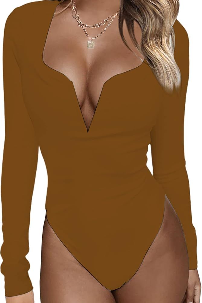 LilyCoco Long Sleeve Bodysuit for Women Sexy Deep V Neck Body Suits Tops Low Cut Shirt | Amazon (US)