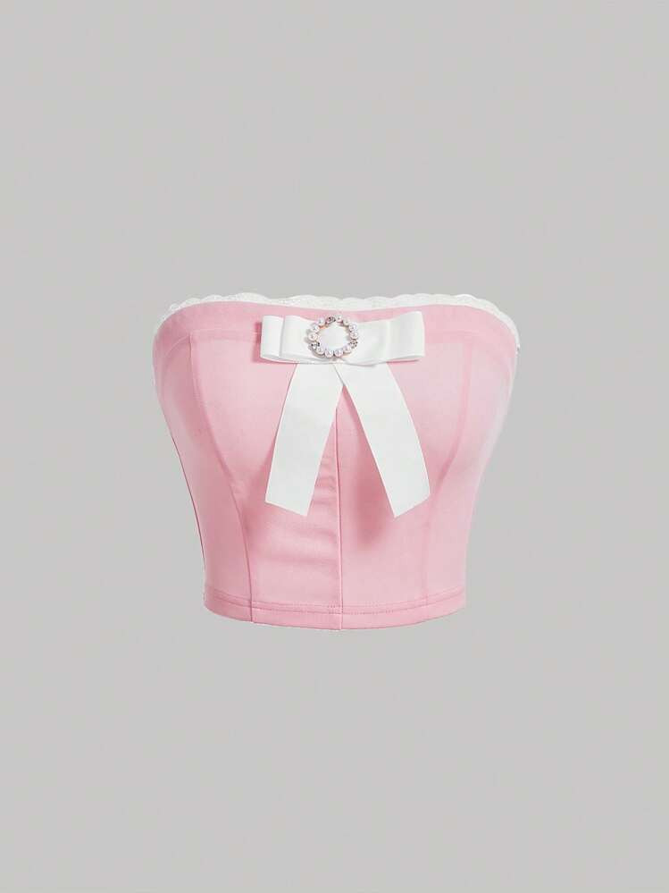 SHEIN MOD Bow Front Tube Pink Lace Patchwork Cup Crop Corset Structure Top | SHEIN