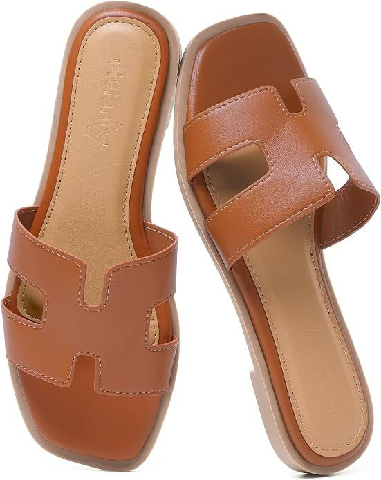 vivianly Women's Square Open Toe Flat Sandals Comfortable Slip On Slide Sandals Casual Dressy Sum... | Amazon (US)