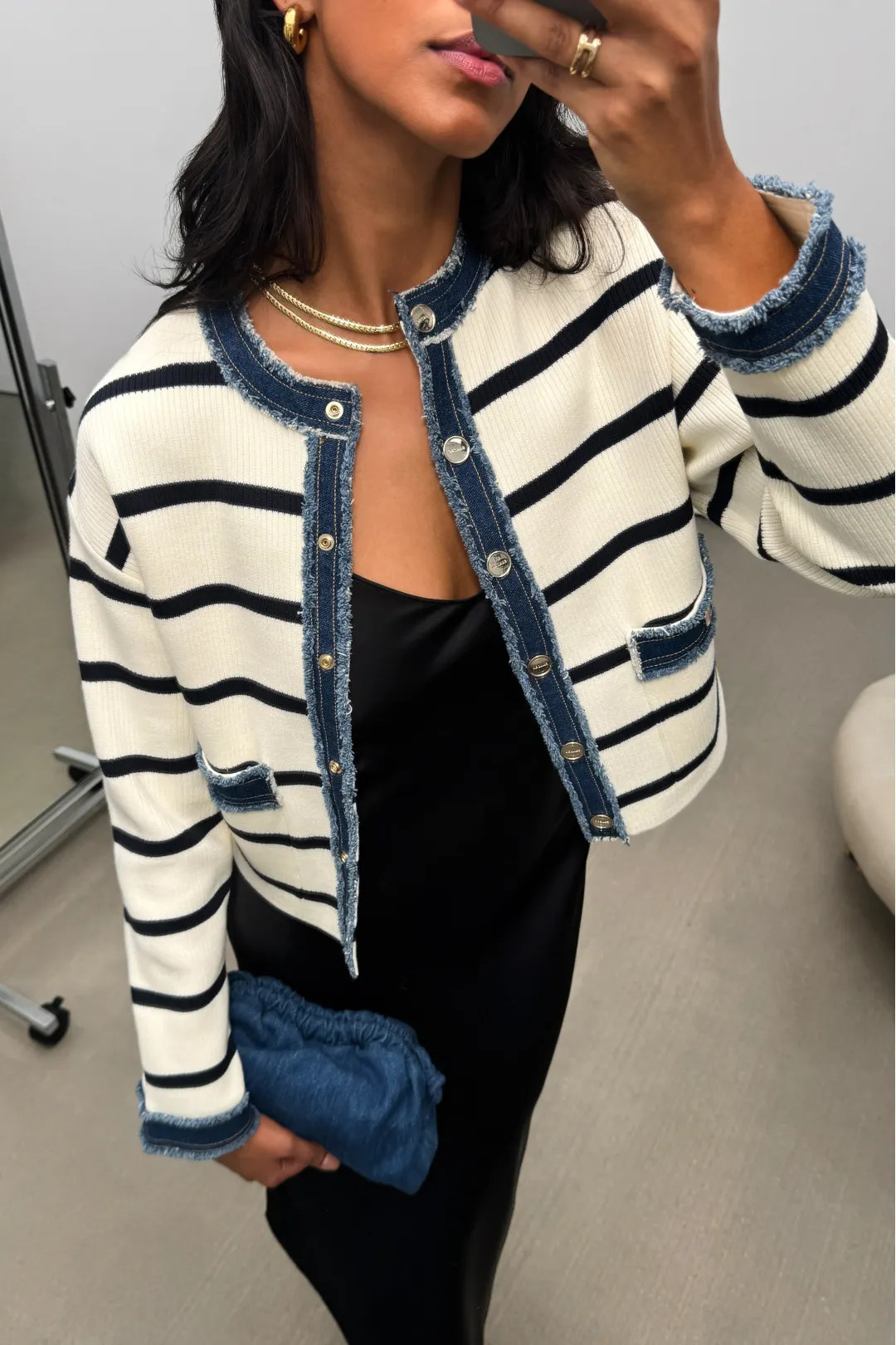 Stripey Cardigan With Denim Details | Rent the Runway