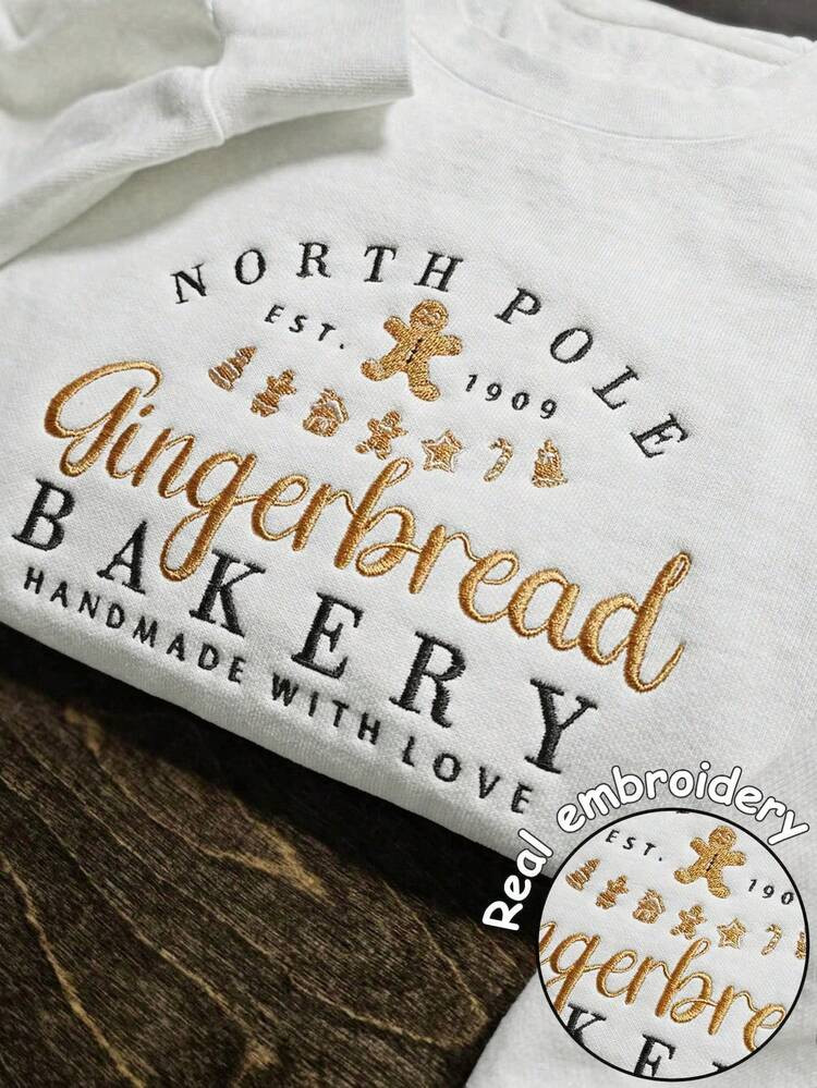 Women's Dropped Shoulder Crew Neck Long Sleeve Casual Sweatshirt With Embroidered "Christmas GINGERBREAD BAKERY" Design, Holiday/Ugly Christmas Sweatshirt For Fall And Winter | SHEIN