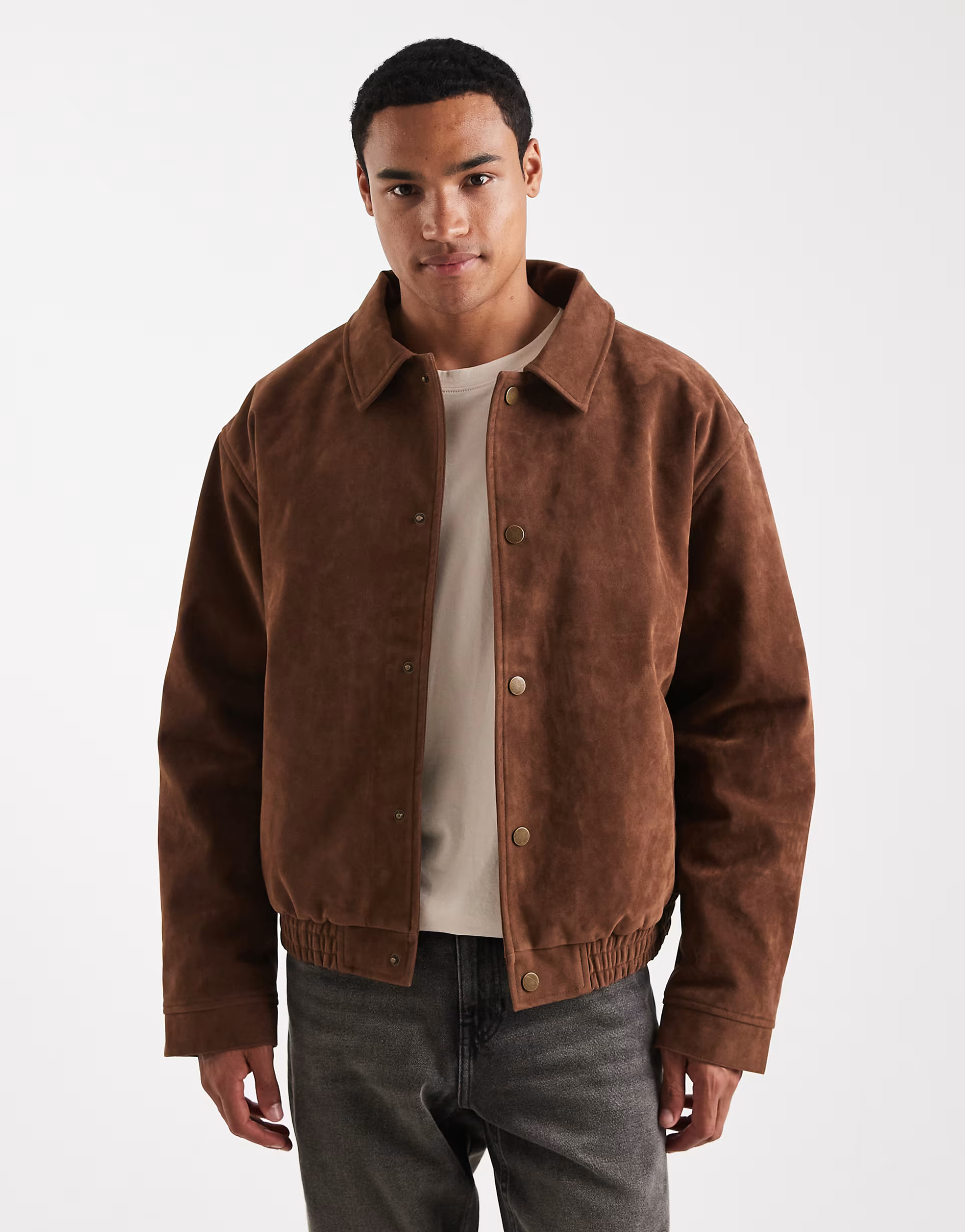 ASOS DESIGN faux suede oversized bomber jacket in brown | ASOS (Global)