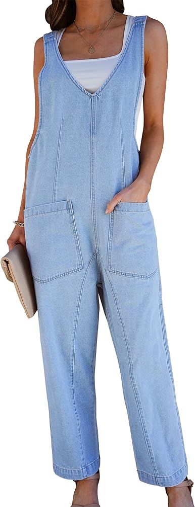luvamia Jean Overalls for Women Sleeveless Denim Jumpsuit Casual Baggy Overall Jumpsuits Loose Fi... | Amazon (US)