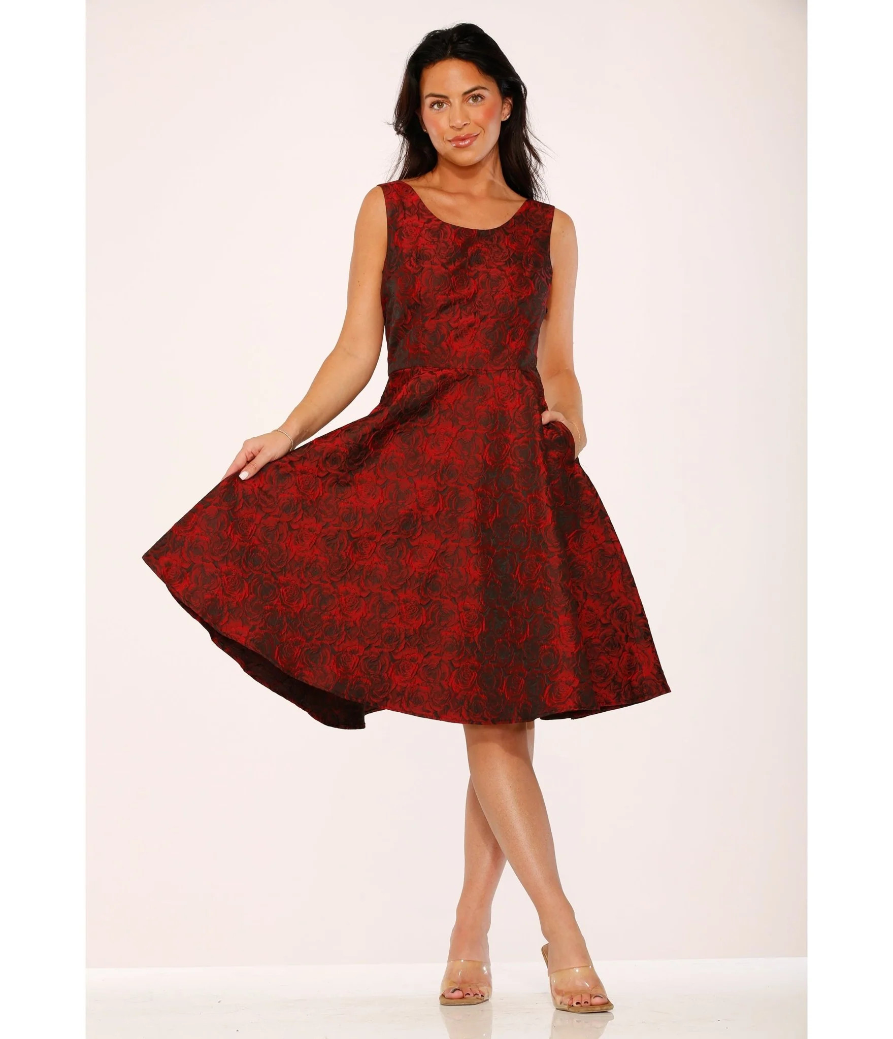 Orchid Bloom Red Rose Jacquard Swing Dress | UniqueVintage