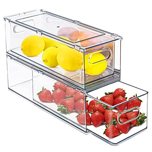 2 Pack Fridge Organizers and Storage with Pull out Drawer, Stackable Storage Drawer, Clear Refrigerator Organizers, BPA-Free for Kitchen Cabinet Pantry,3.14QT | Amazon (US)
